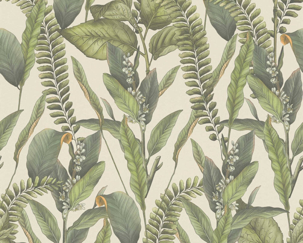 Vliesové tapety zelené listy na krémovom pozadí, 39413-2 Drawn into Nature